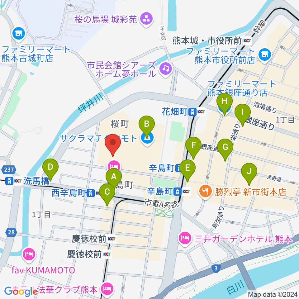 熊本城ホール周辺のコンビニエンスストア一覧地図