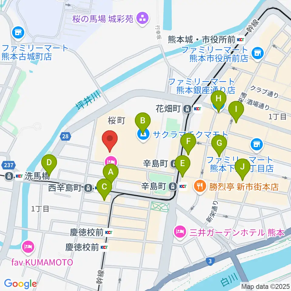 熊本城ホール周辺のコンビニエンスストア一覧地図