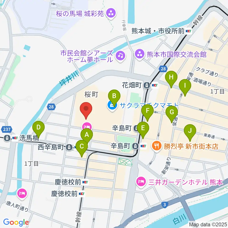 熊本城ホール周辺のコンビニエンスストア一覧地図