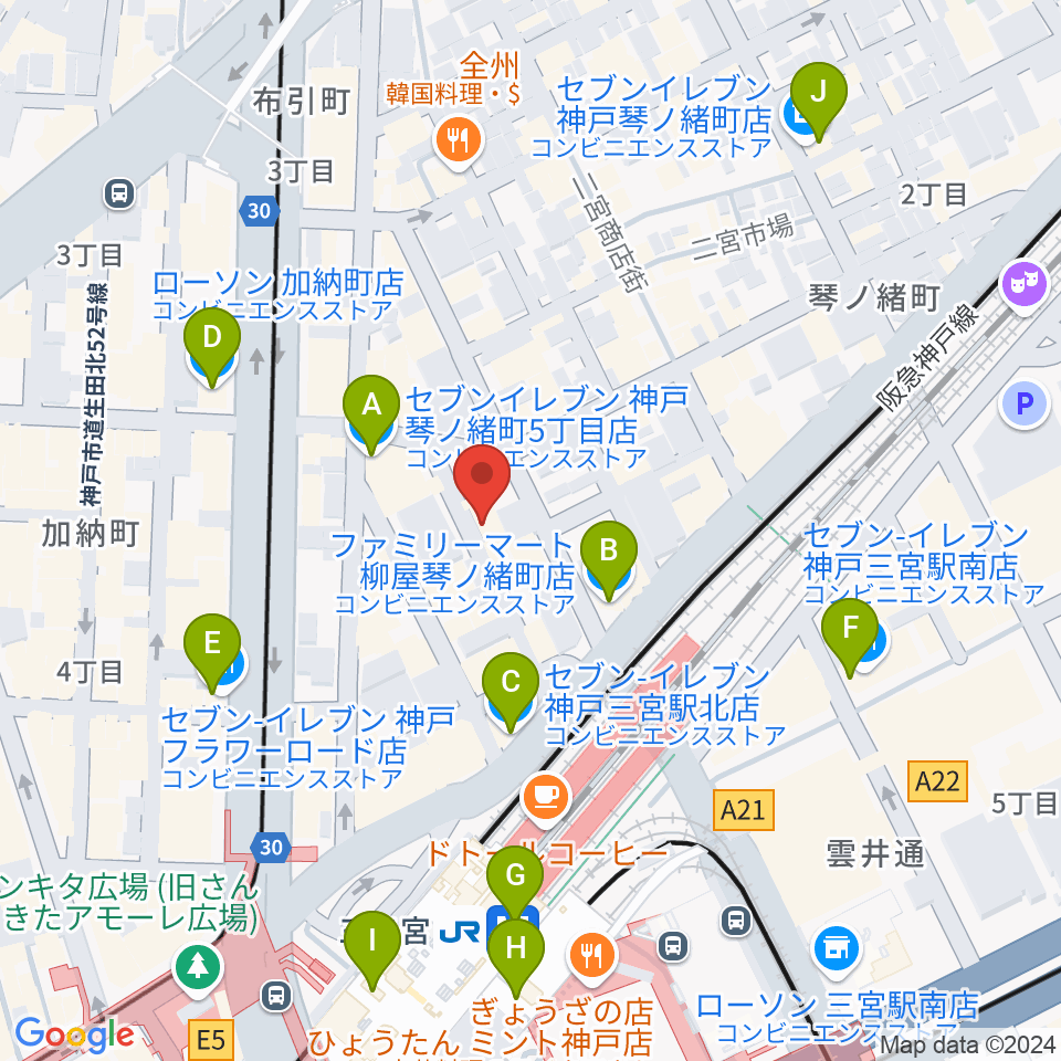 神戸三宮シアター・エートー周辺のコンビニエンスストア一覧地図