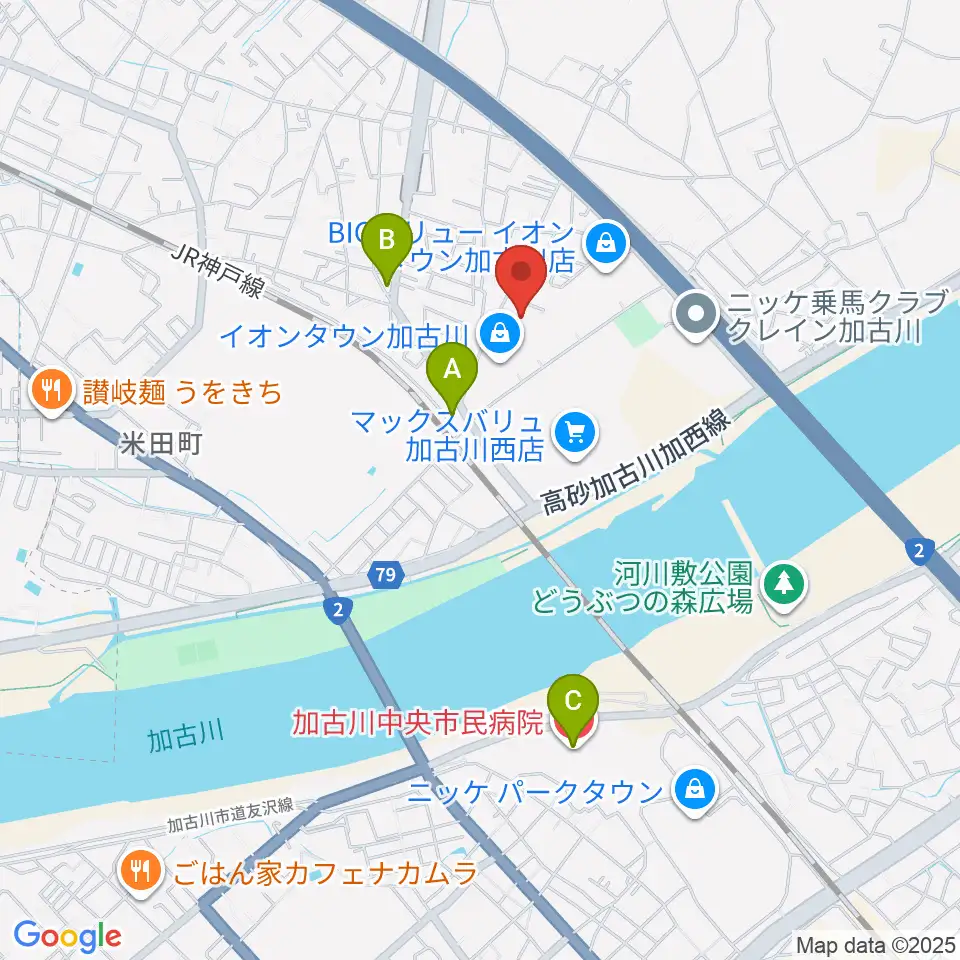 森岡楽器 加古川店ウィンズサテライト周辺のコンビニエンスストア一覧地図