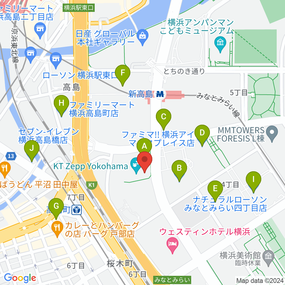 KT Zepp横浜周辺のコンビニエンスストア一覧地図