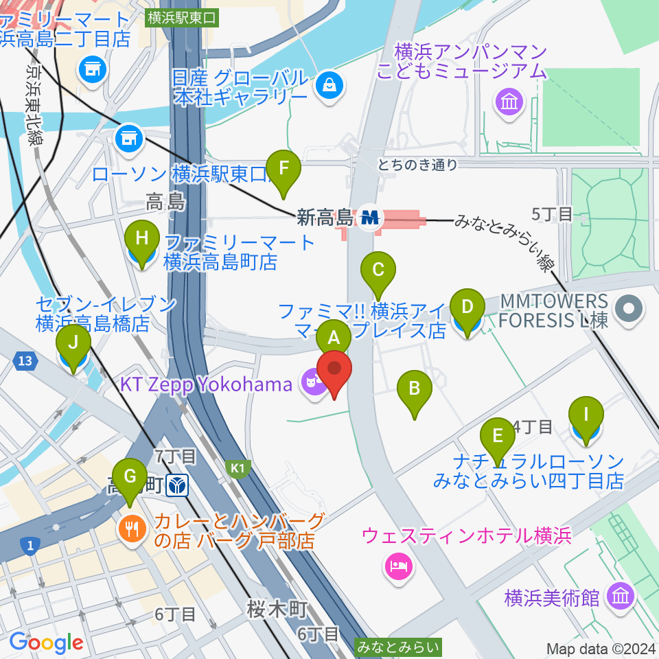 KT Zepp横浜周辺のコンビニエンスストア一覧地図