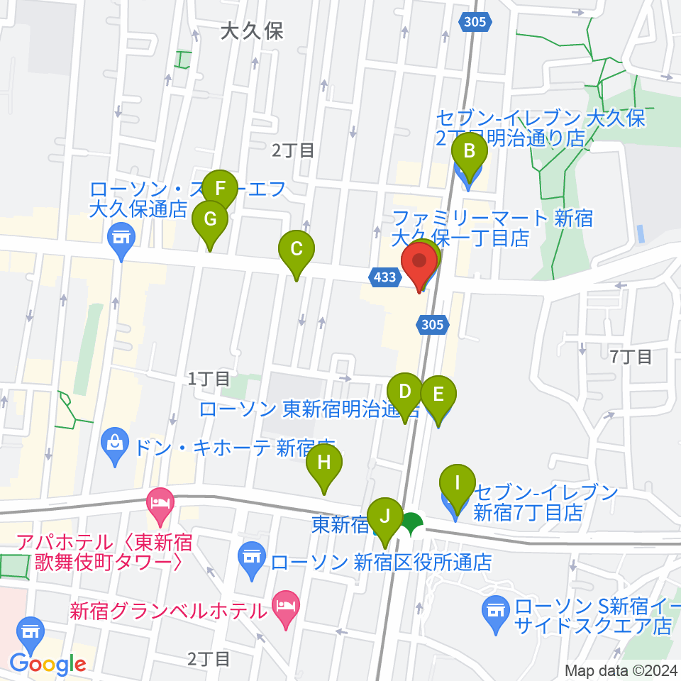 アトリエファンファーレ東新宿周辺のコンビニエンスストア一覧地図