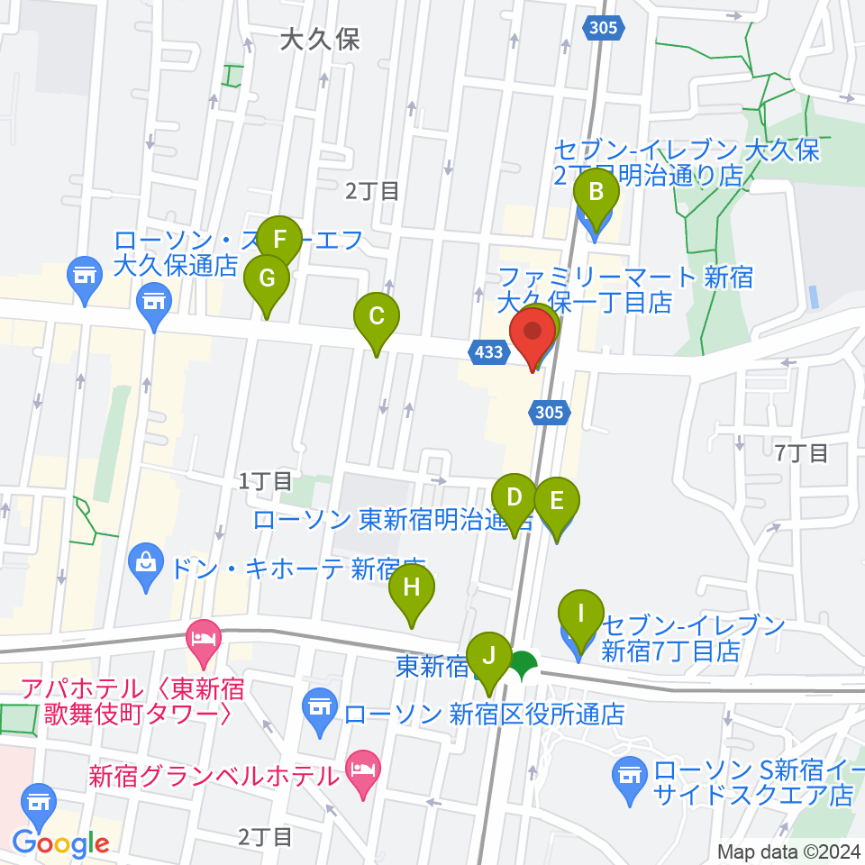 アトリエファンファーレ東新宿周辺のコンビニエンスストア一覧地図