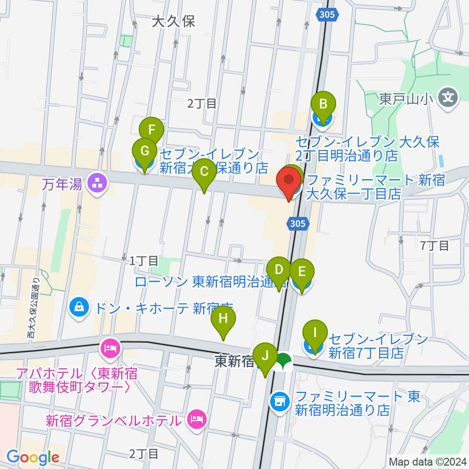 アトリエファンファーレ東新宿周辺のコンビニエンスストア一覧地図