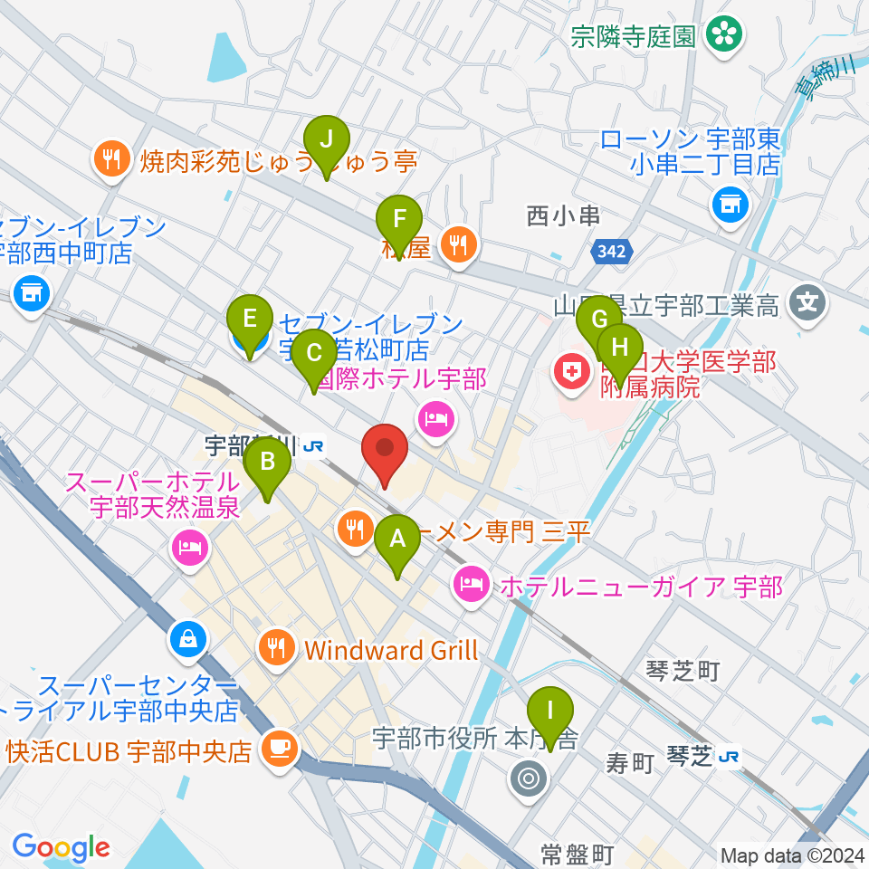 宇部市文化会館周辺のコンビニエンスストア一覧地図