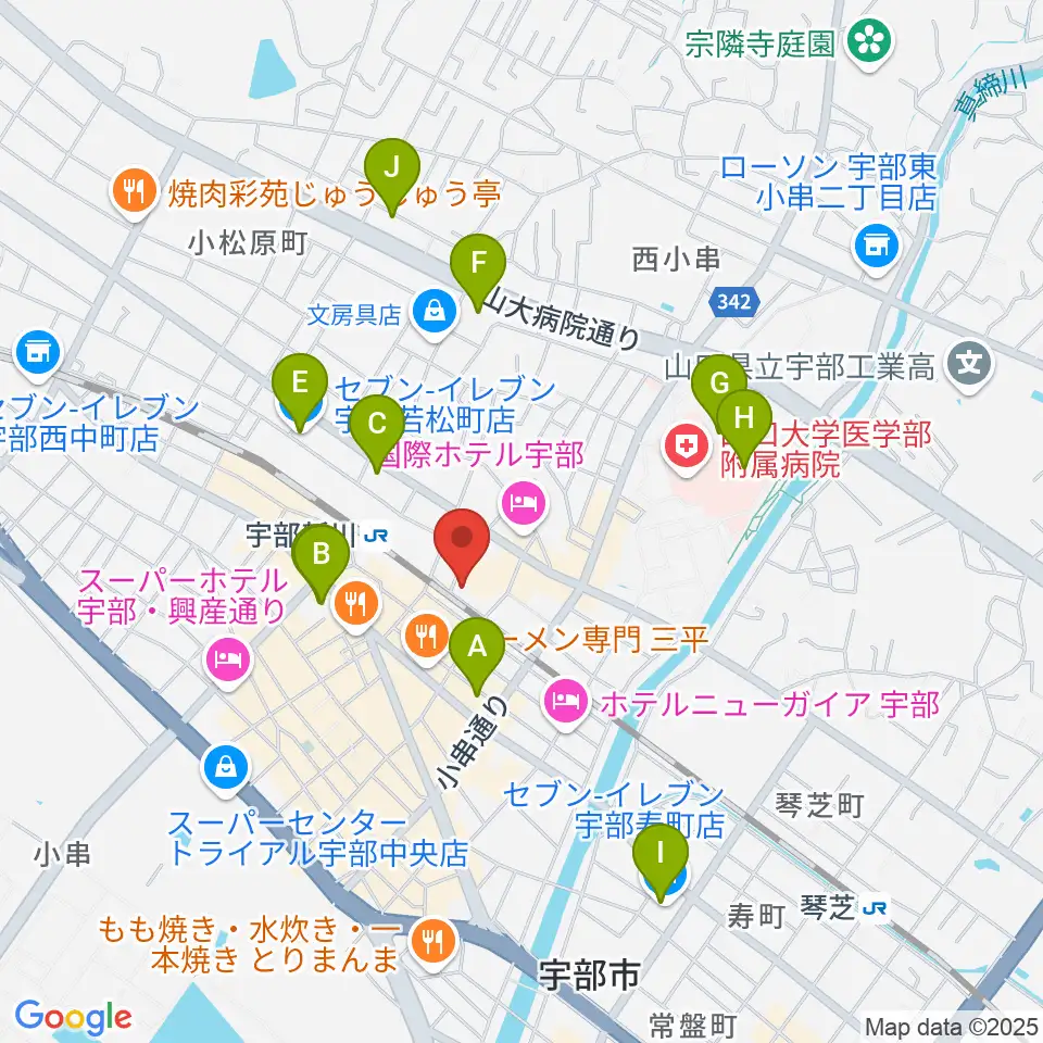 宇部市文化会館周辺のコンビニエンスストア一覧地図