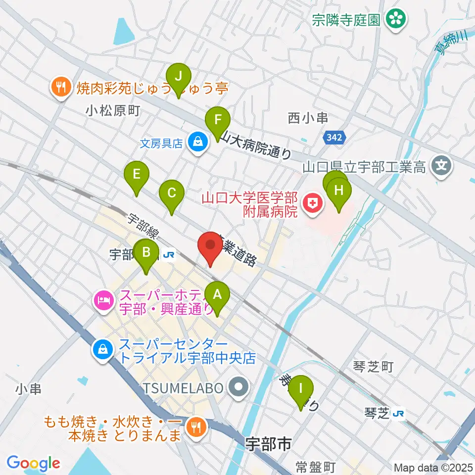 宇部市文化会館周辺のコンビニエンスストア一覧地図