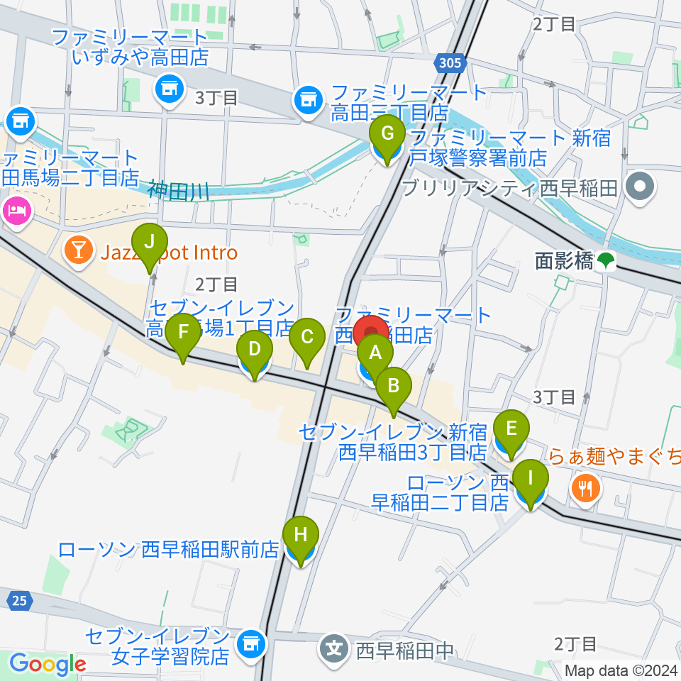 高田馬場ラビネスト周辺のコンビニエンスストア一覧地図