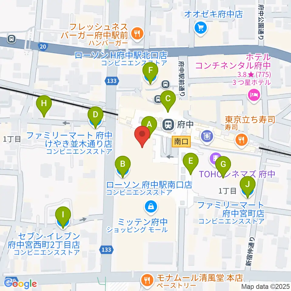 府中の森芸術劇場分館周辺のコンビニエンスストア一覧地図