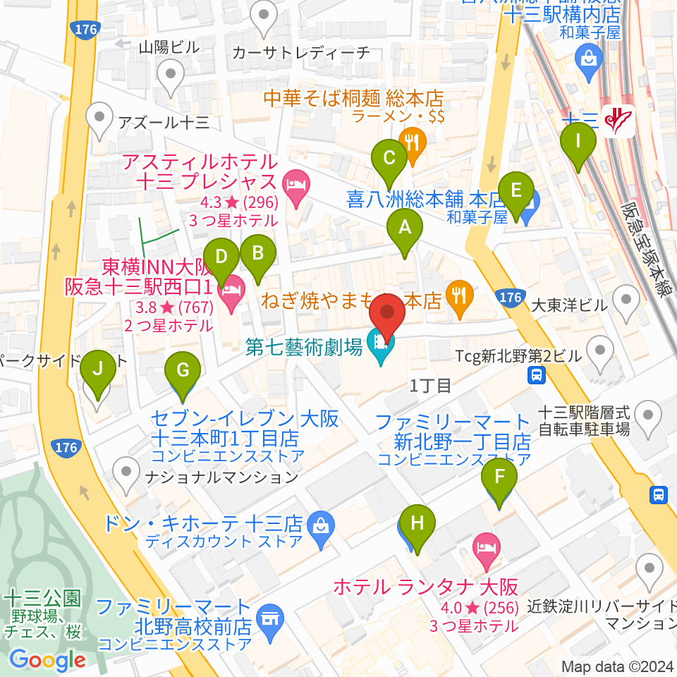 十三GABU周辺のコンビニエンスストア一覧地図