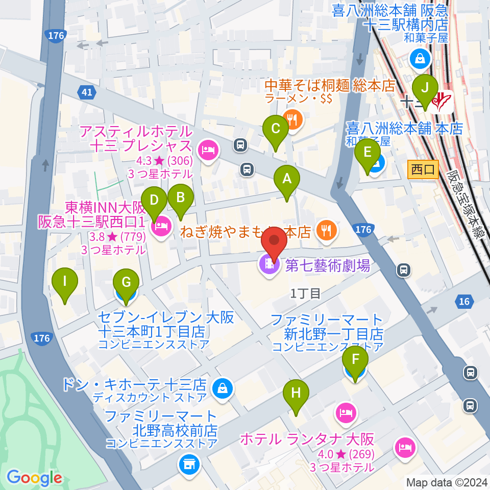 十三GABU周辺のコンビニエンスストア一覧地図