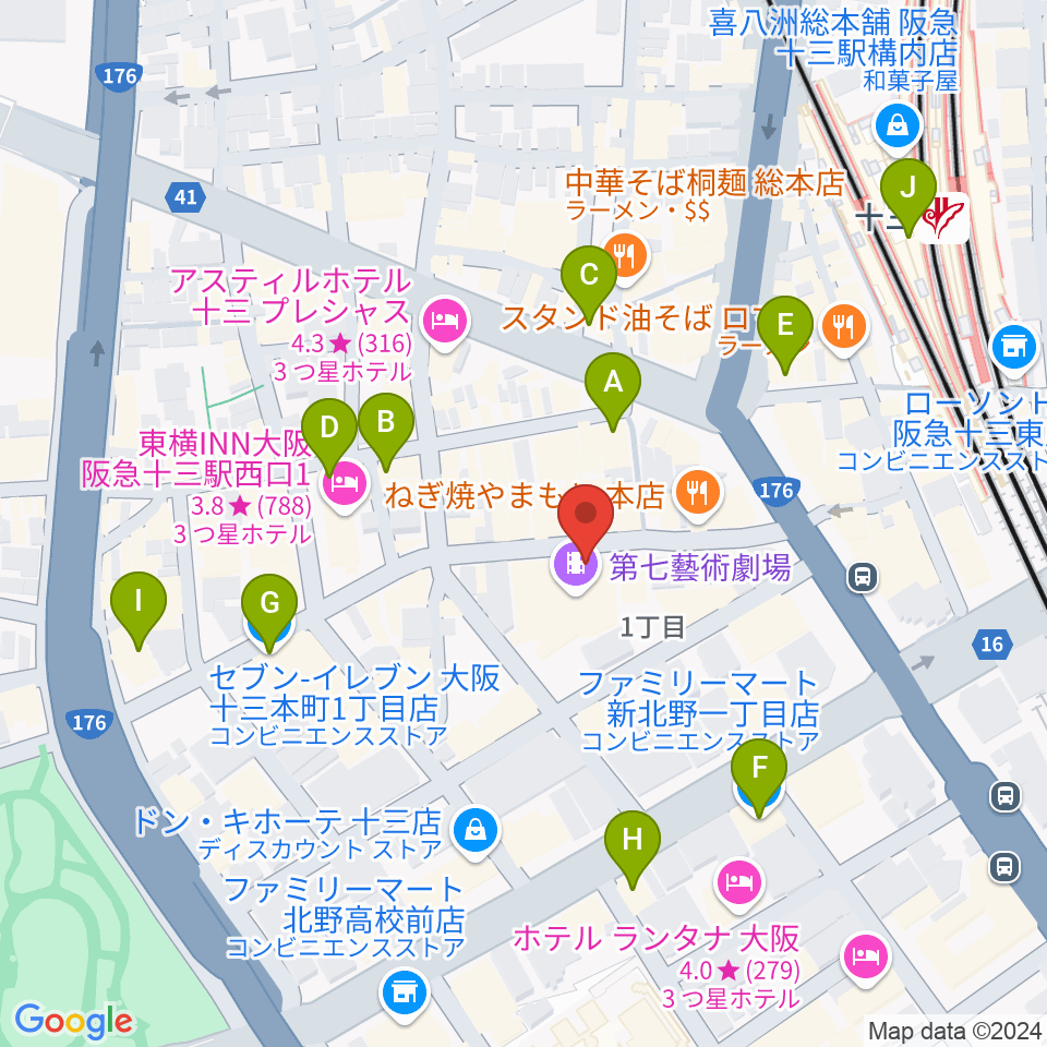 十三GABU周辺のコンビニエンスストア一覧地図