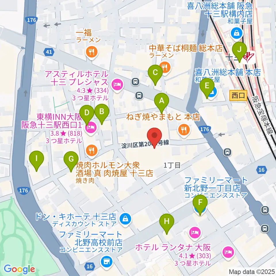 十三GABU周辺のコンビニエンスストア一覧地図