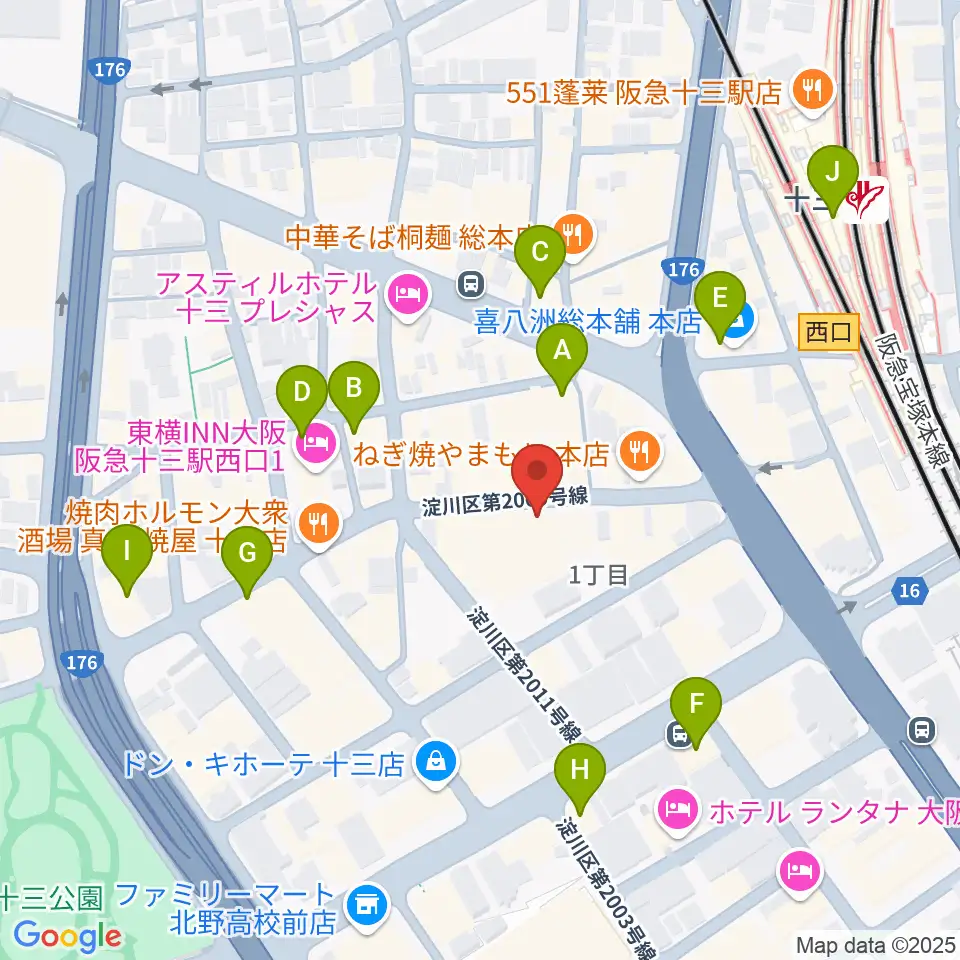 十三GABU周辺のコンビニエンスストア一覧地図