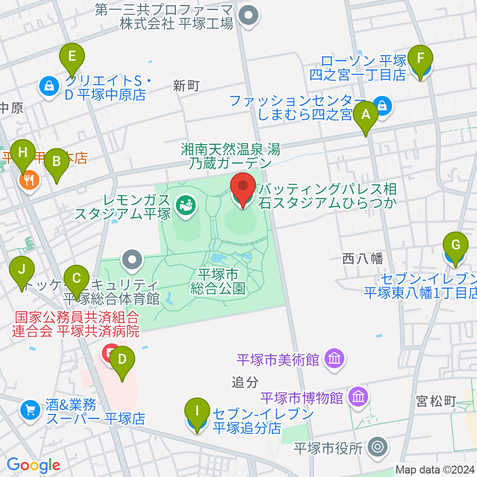 バッティングパレス相石スタジアムひらつか周辺のコンビニエンスストア一覧地図