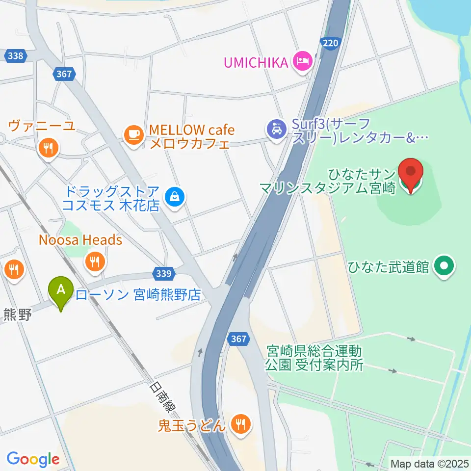 ひなたサンマリンスタジアム宮崎周辺のコンビニエンスストア一覧地図