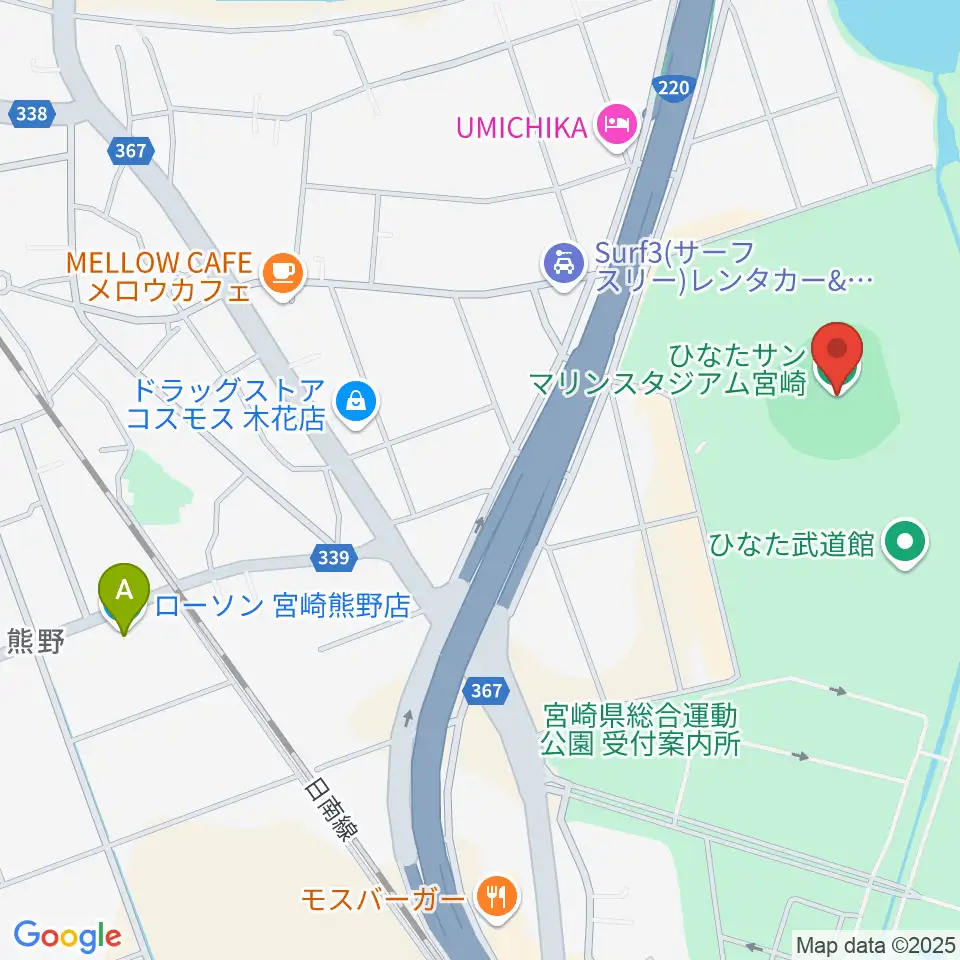 ひなたサンマリンスタジアム宮崎周辺のコンビニエンスストア一覧地図