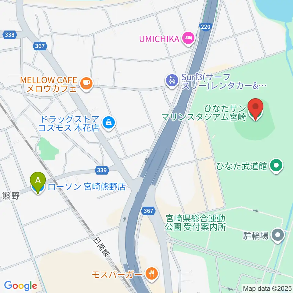 ひなたサンマリンスタジアム宮崎周辺のコンビニエンスストア一覧地図