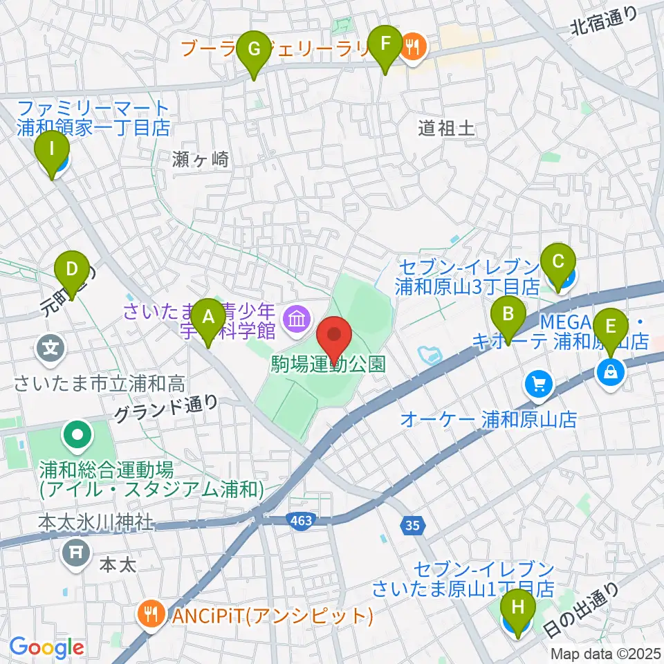 浦和駒場スタジアム周辺のコンビニエンスストア一覧地図