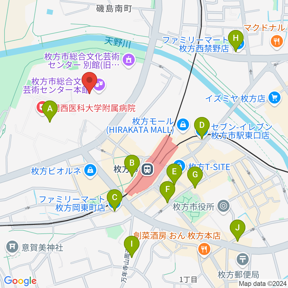 枚方市総合文化芸術センター周辺のコンビニエンスストア一覧地図