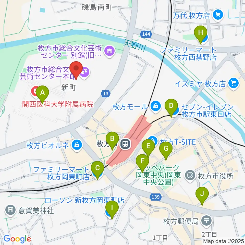 枚方市総合文化芸術センター周辺のコンビニエンスストア一覧地図