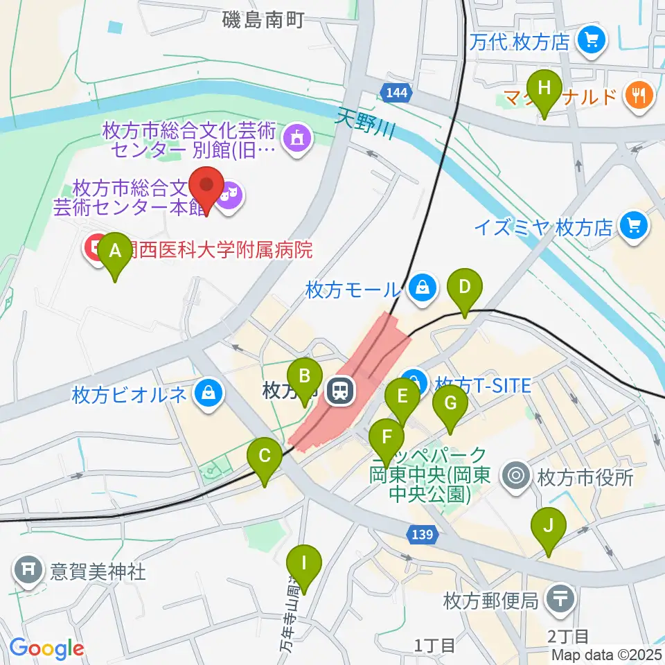 枚方市総合文化芸術センター周辺のコンビニエンスストア一覧地図