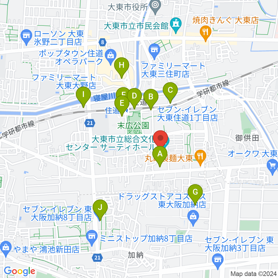 大東市立文化ホール サーティホール周辺のコンビニエンスストア一覧地図