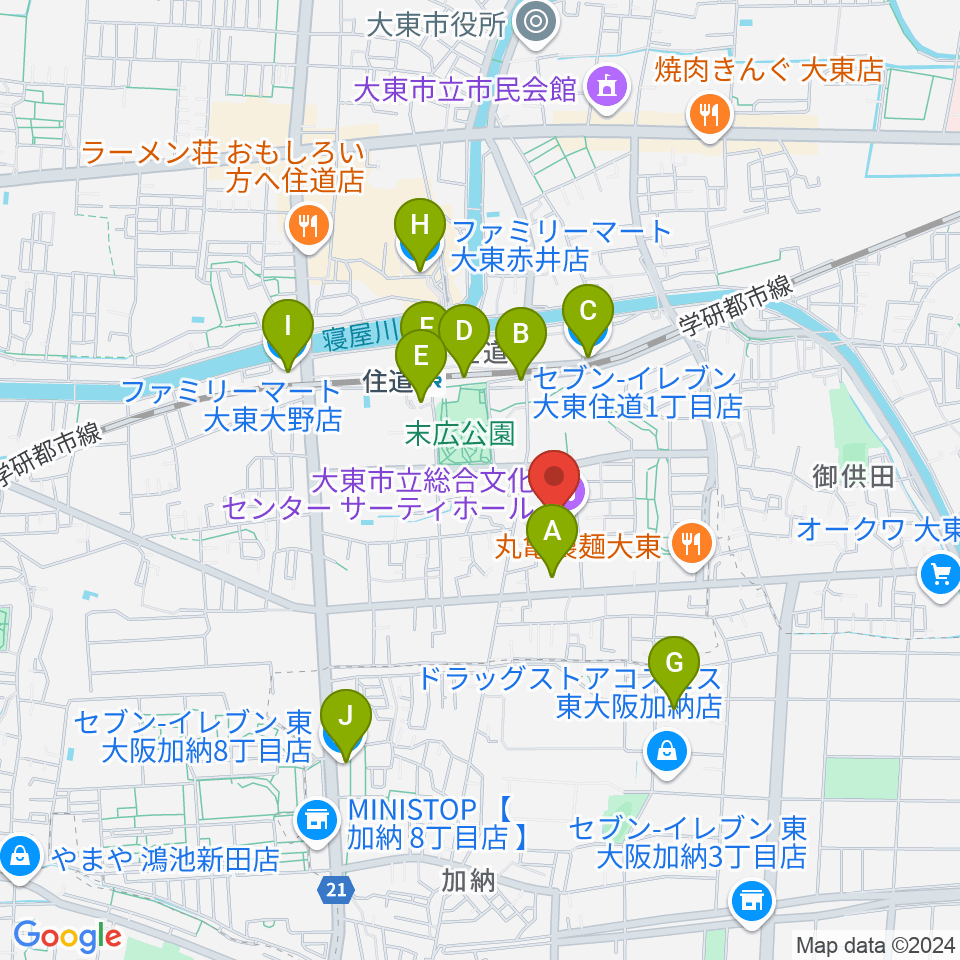 大東市立文化ホール サーティホール周辺のコンビニエンスストア一覧地図