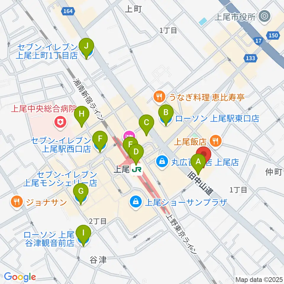 ワイワイミュージックスタジオ 上尾店周辺のコンビニエンスストア一覧地図