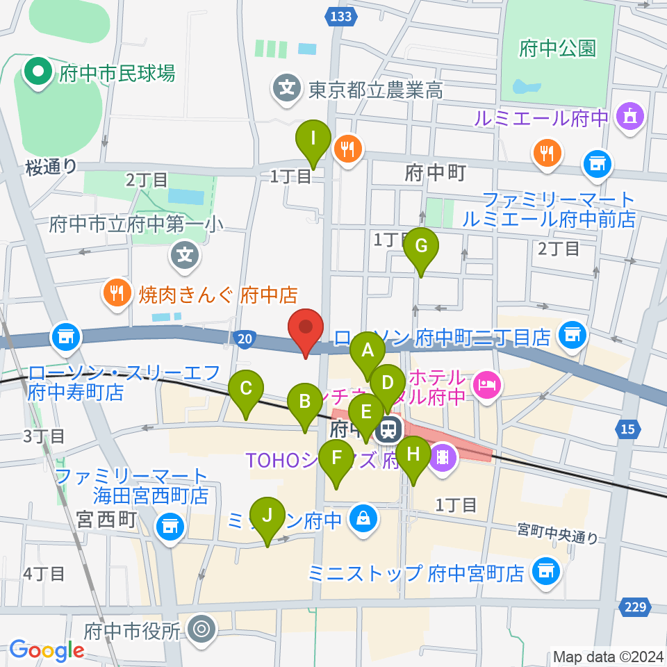 府中コパデカフェ周辺のコンビニエンスストア一覧地図