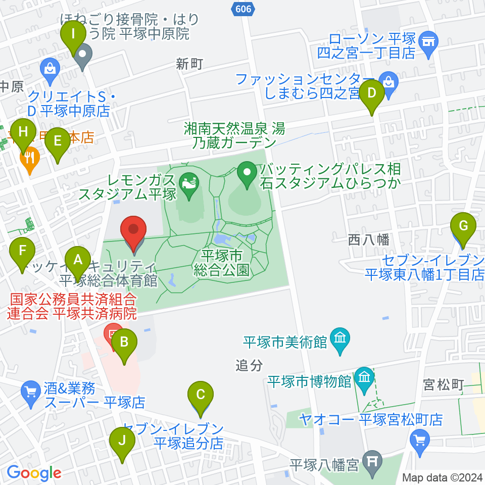 トッケイセキュリティ平塚総合体育館周辺のコンビニエンスストア一覧地図