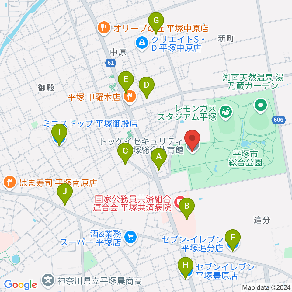 トッケイセキュリティ平塚総合体育館周辺のコンビニエンスストア一覧地図