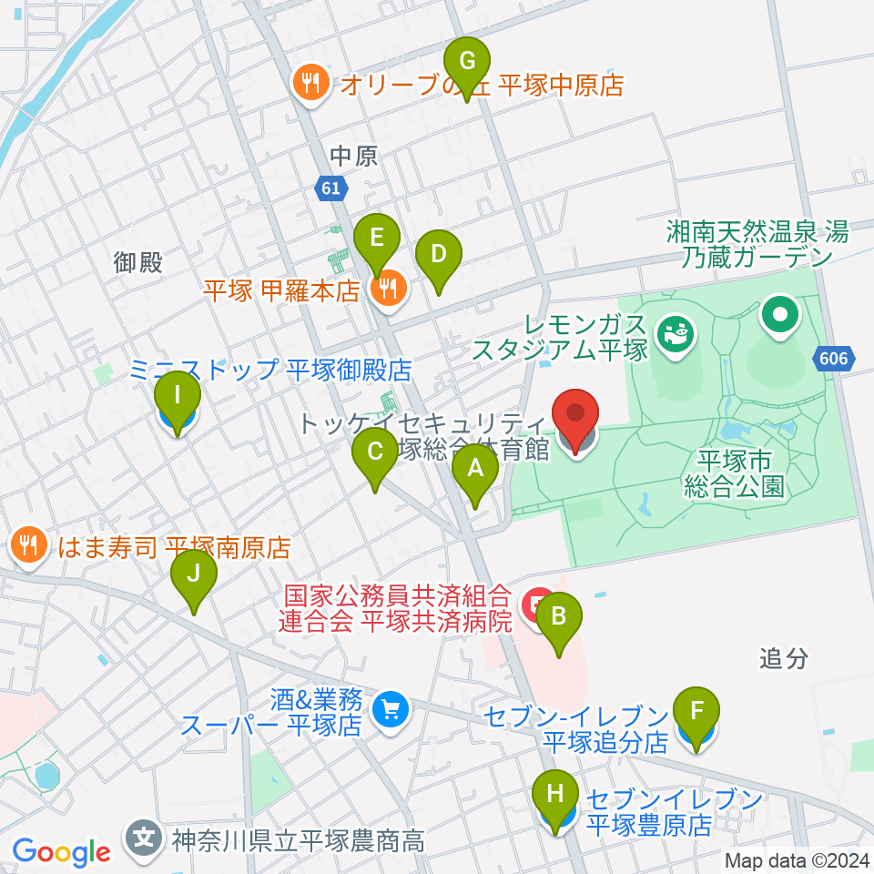 トッケイセキュリティ平塚総合体育館周辺のコンビニエンスストア一覧地図