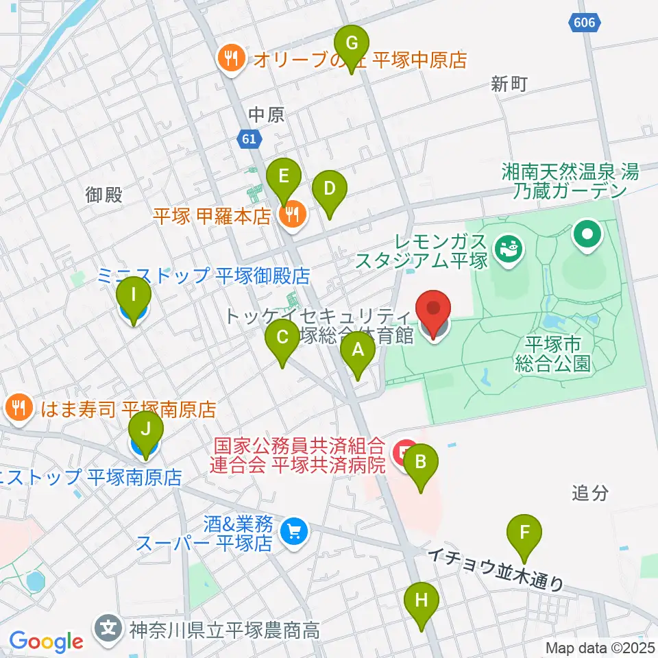 トッケイセキュリティ平塚総合体育館周辺のコンビニエンスストア一覧地図
