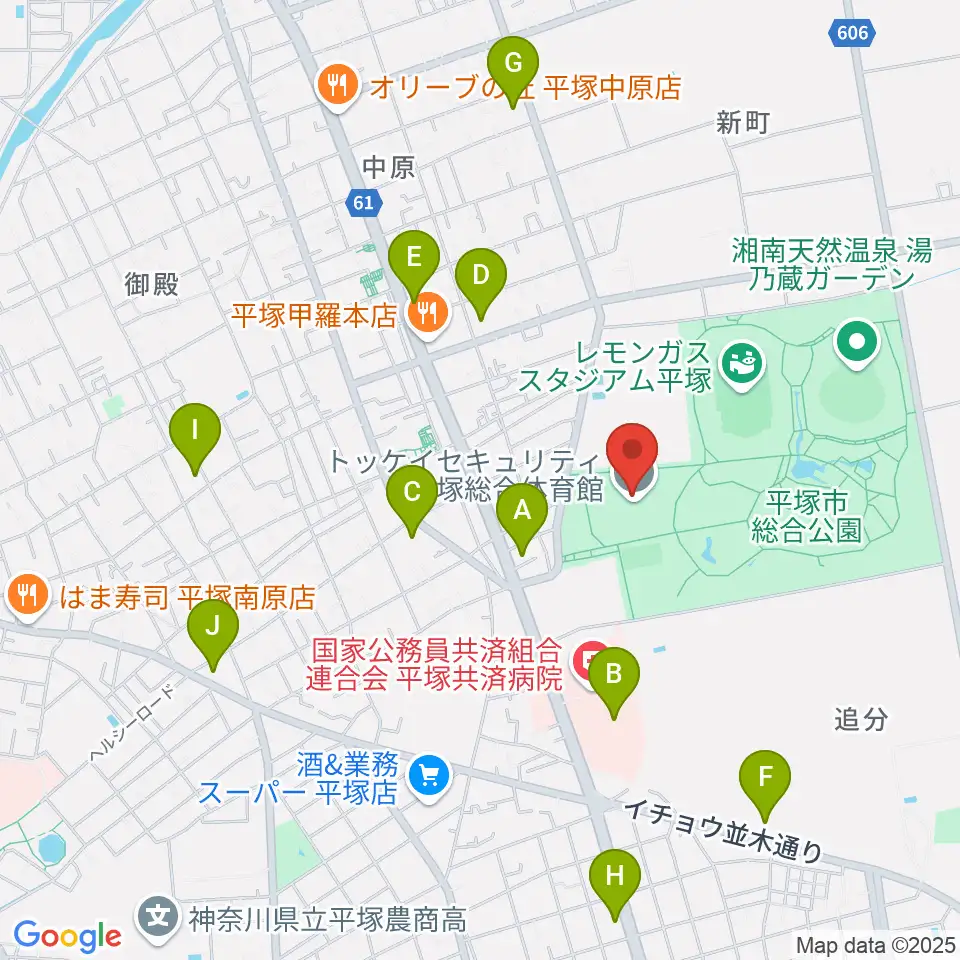 トッケイセキュリティ平塚総合体育館周辺のコンビニエンスストア一覧地図