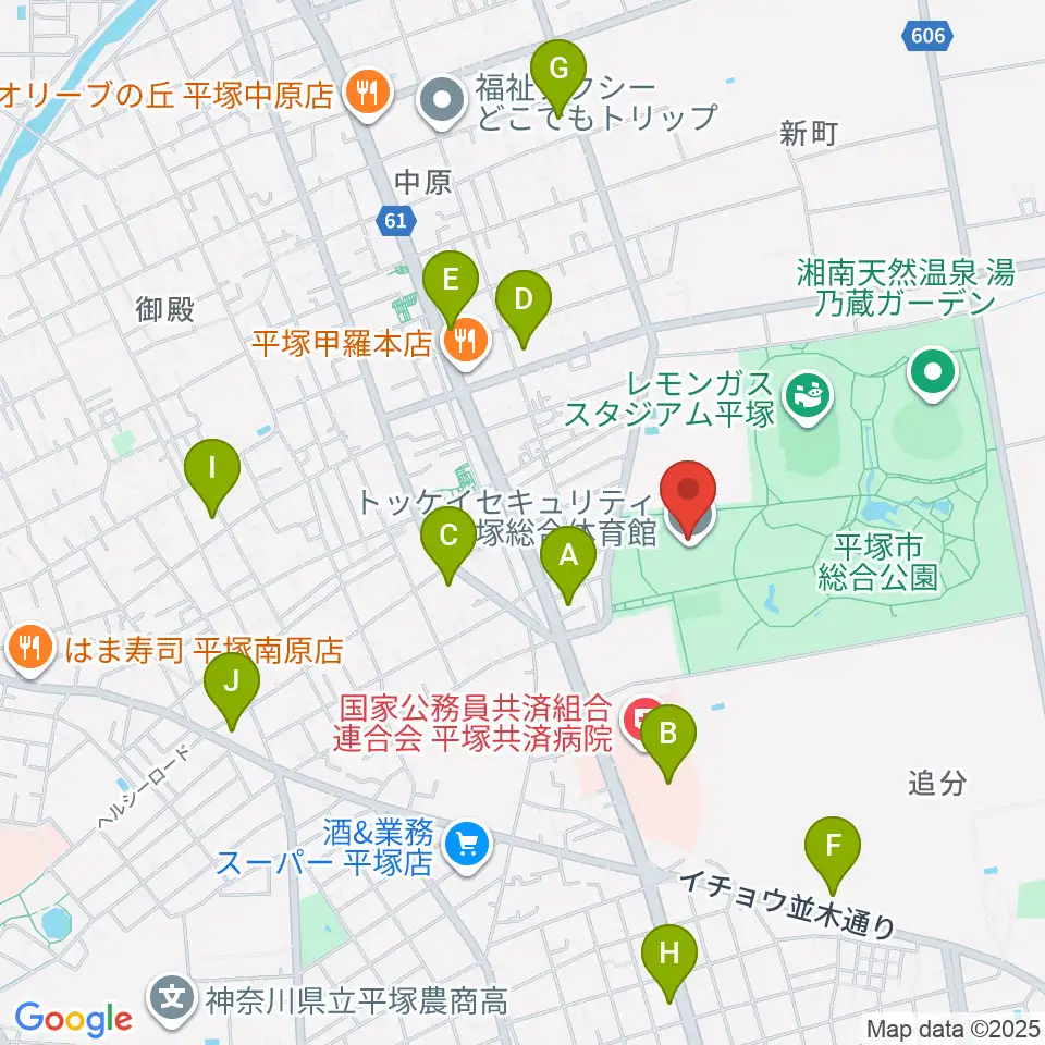 トッケイセキュリティ平塚総合体育館周辺のコンビニエンスストア一覧地図