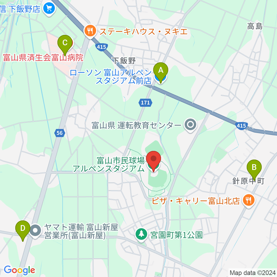 富山市民球場アルペンスタジアム周辺のコンビニエンスストア一覧地図