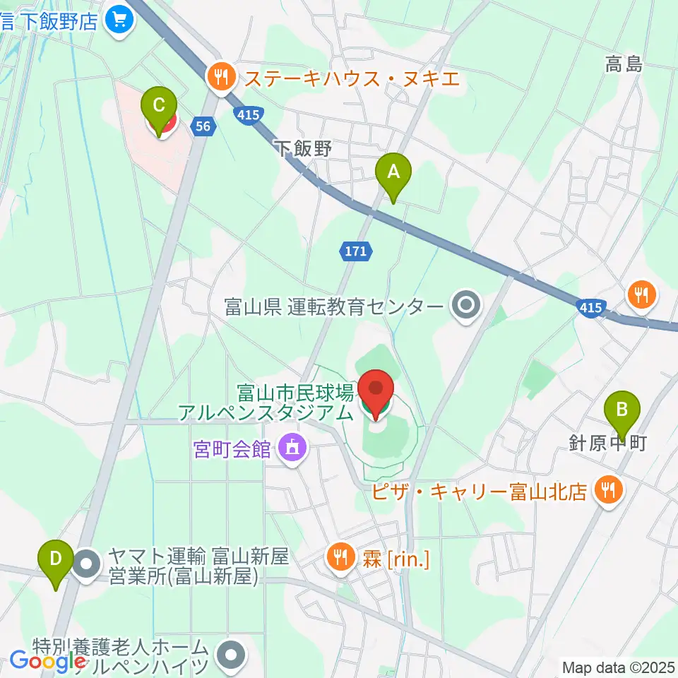 富山市民球場アルペンスタジアム周辺のコンビニエンスストア一覧地図