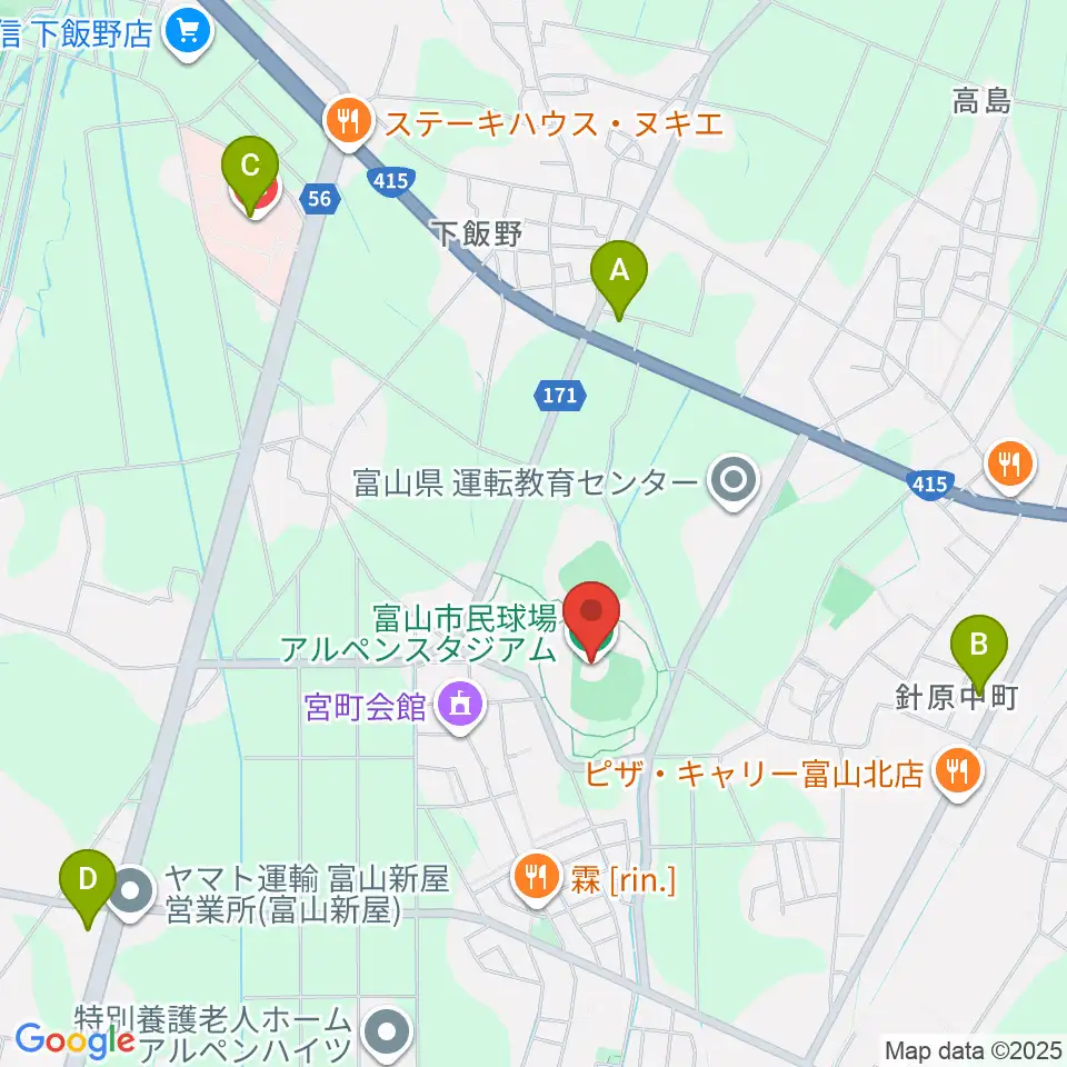 富山市民球場アルペンスタジアム周辺のコンビニエンスストア一覧地図