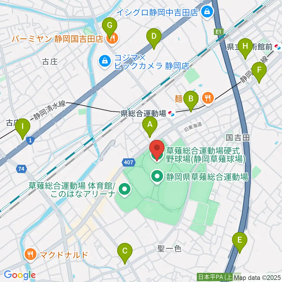 静岡草薙球場周辺のコンビニエンスストア一覧地図