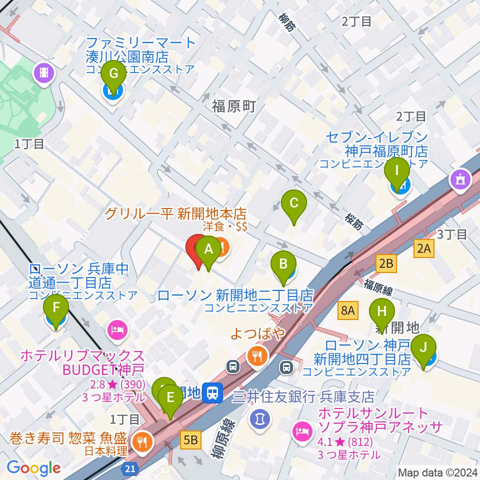 神戸新開地・喜楽館周辺のコンビニエンスストア一覧地図