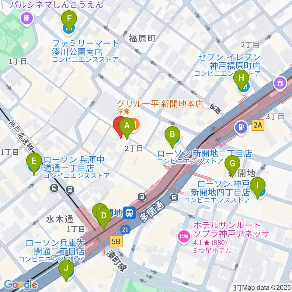 神戸新開地・喜楽館周辺のコンビニエンスストア一覧地図