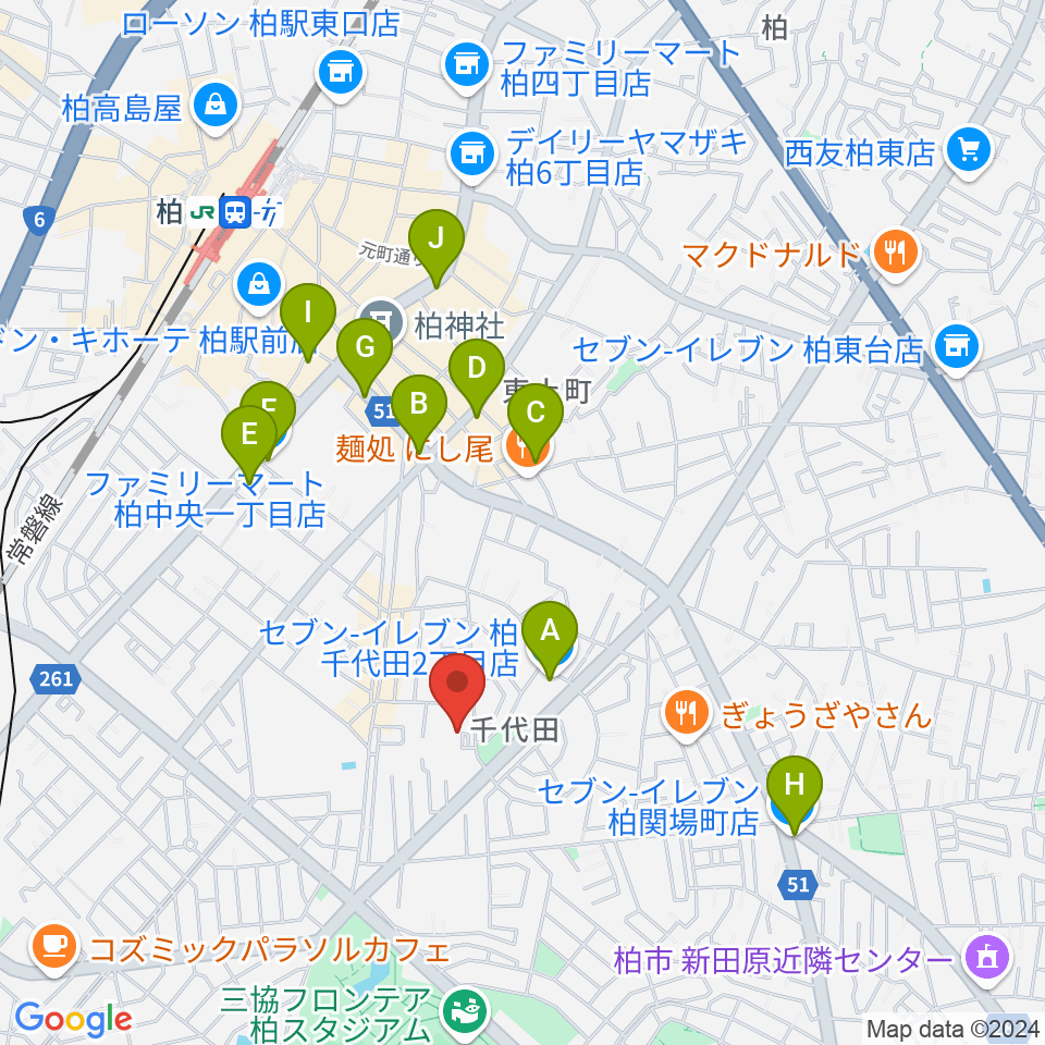 リアクション柏周辺のコンビニエンスストア一覧地図