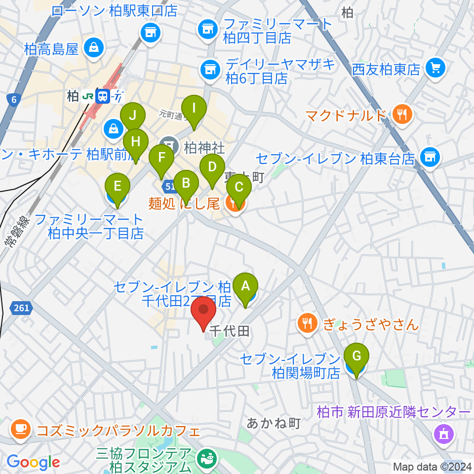 リアクション柏周辺のコンビニエンスストア一覧地図