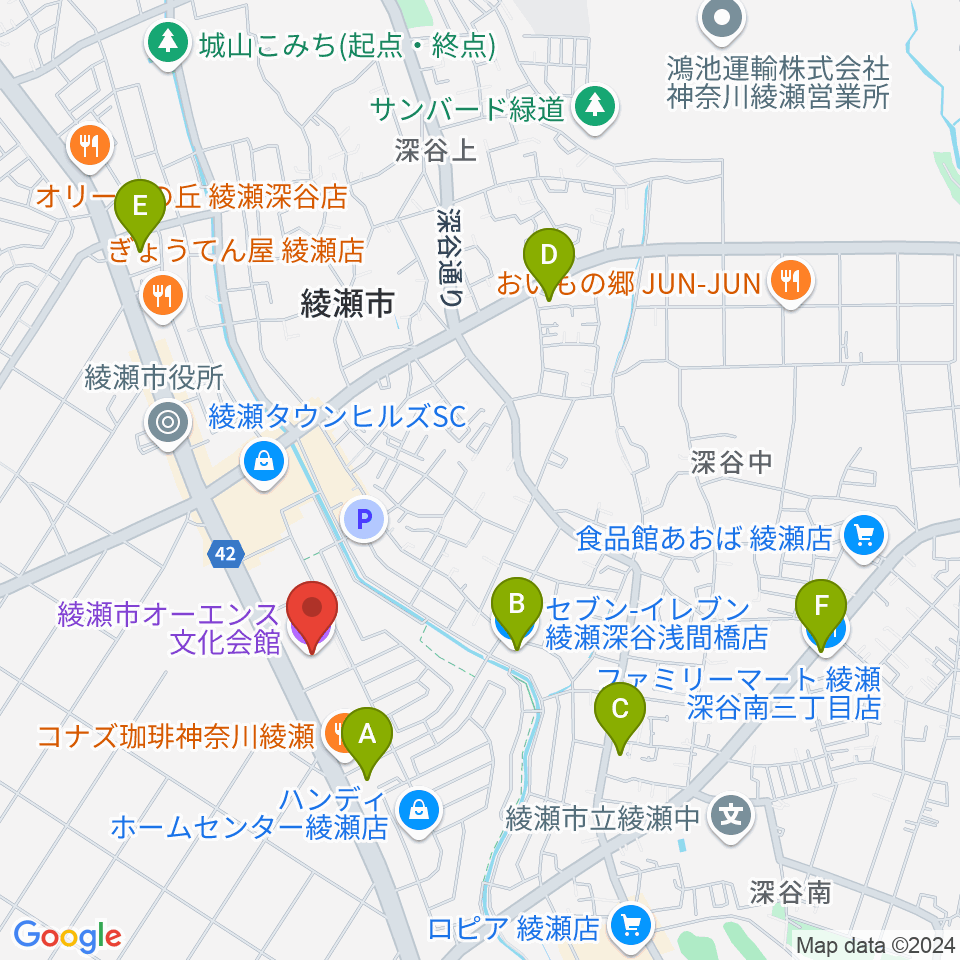 綾瀬市オーエンス文化会館周辺のコンビニエンスストア一覧地図