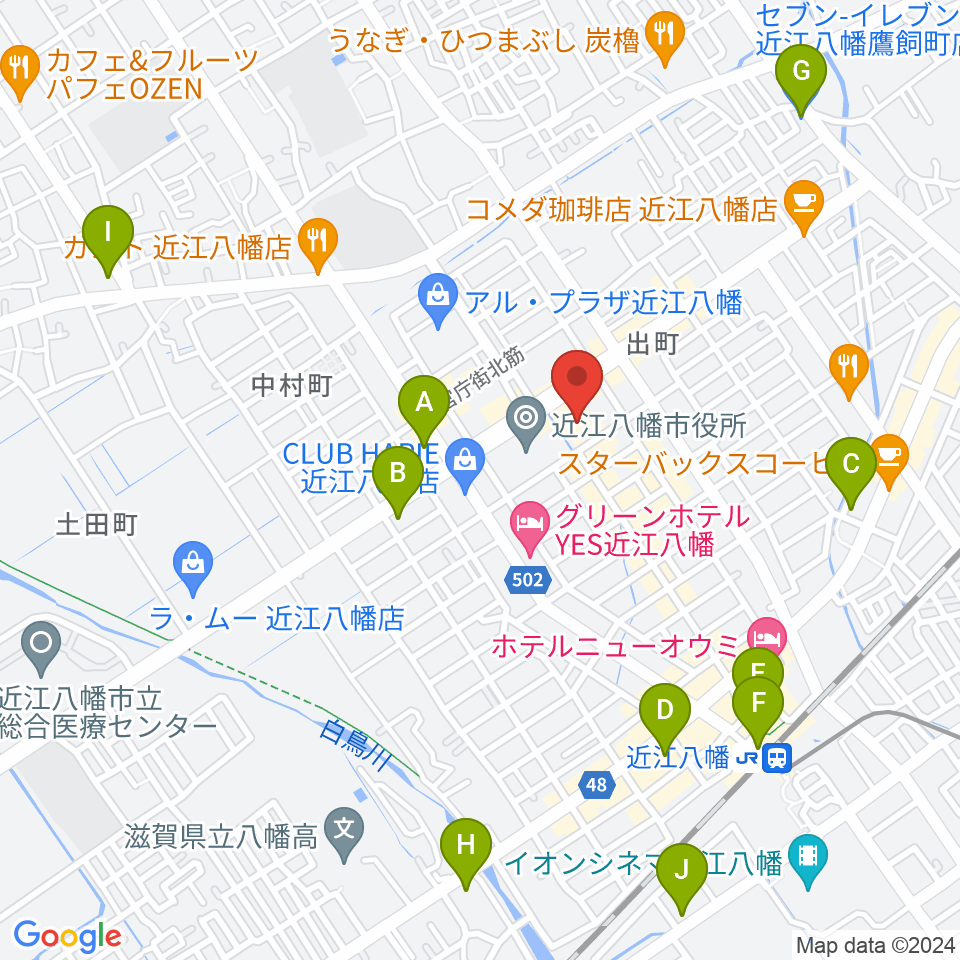近江八幡市文化会館周辺のコンビニエンスストア一覧地図