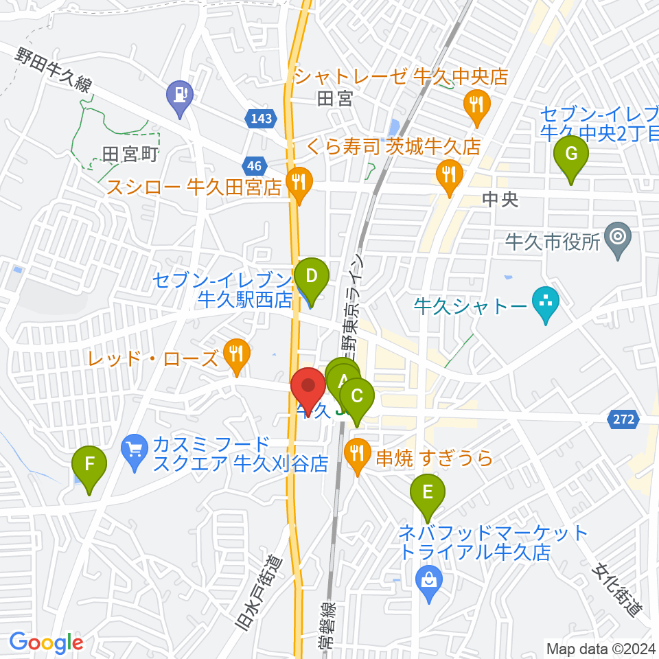 牛久市エスカード生涯学習センター周辺のコンビニエンスストア一覧地図