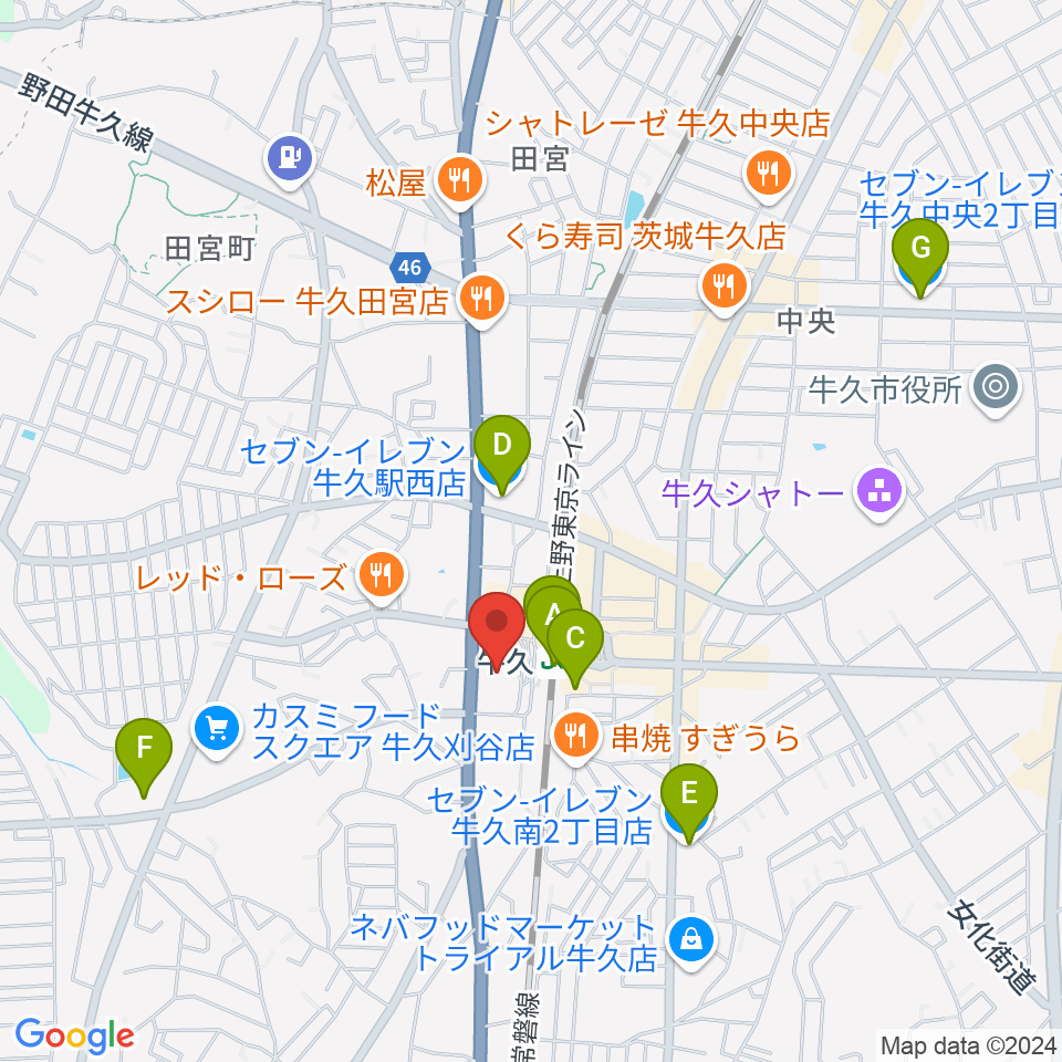 牛久市エスカード生涯学習センター周辺のコンビニエンスストア一覧地図